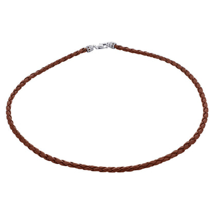 Brown Braided Leather Cord 925 Sterling Silver Necklace - Gem Avenue