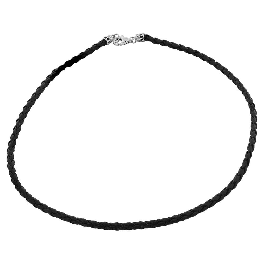 Black Braided Leather Cord 925 Sterling Silver Necklace - Gem Avenue