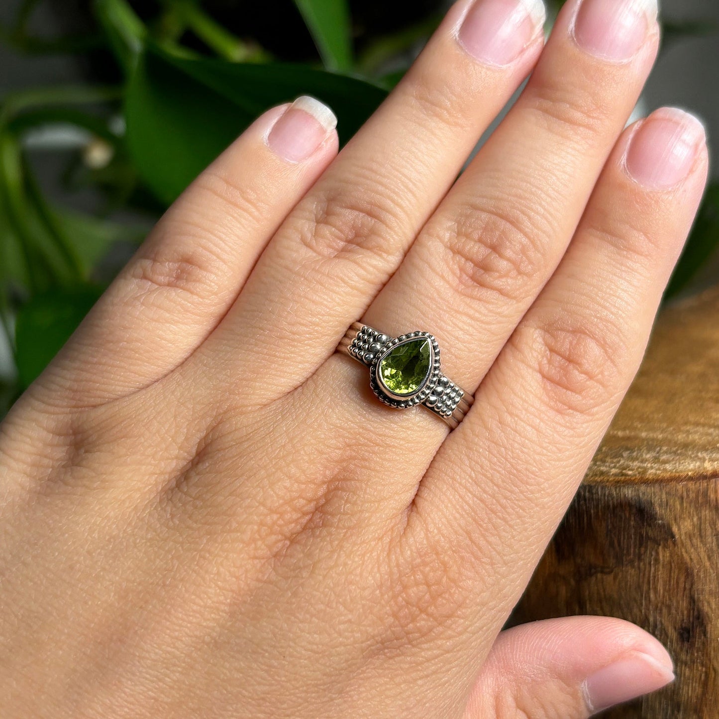 Pear Shape Peridot Gemstone Solitaire Ring in .925 Sterling Silver