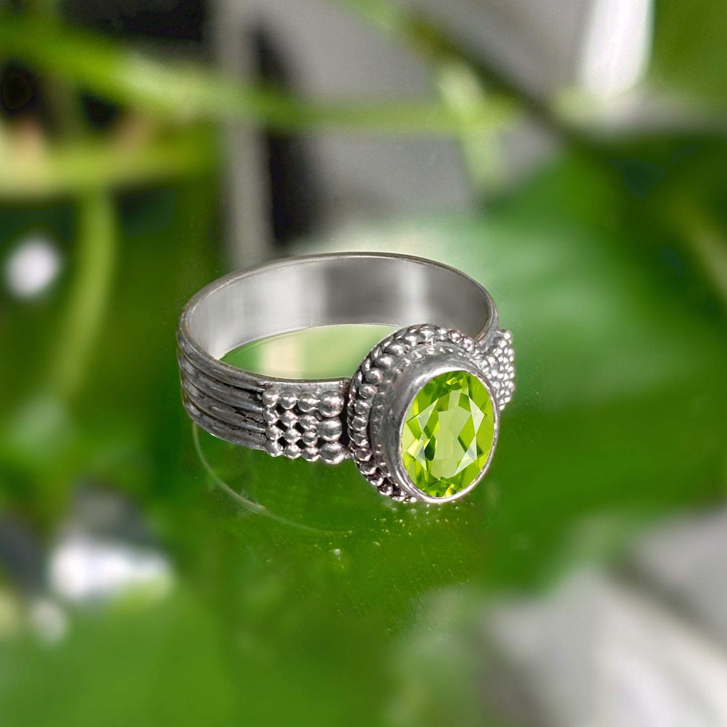 Oval Peridot Gemstone Solitaire Ring in .925 Sterling Silver