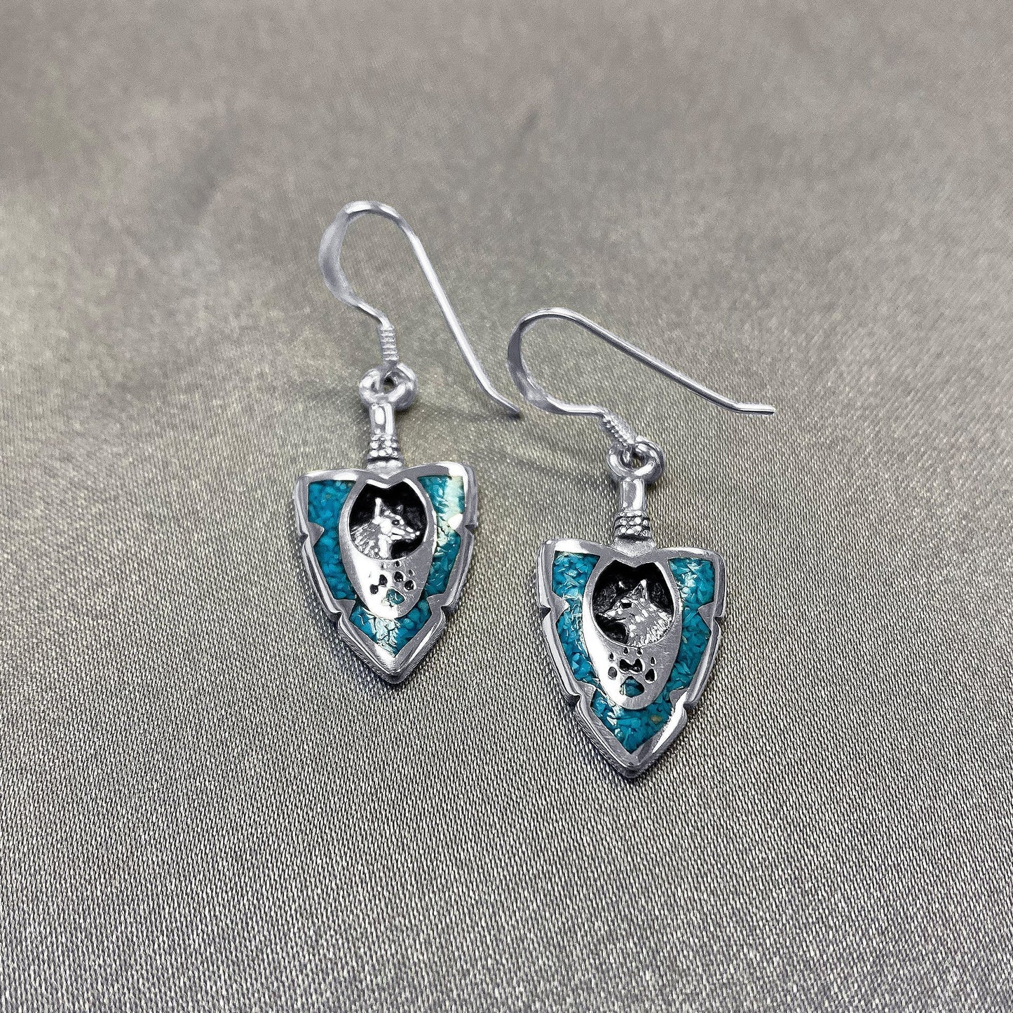 .925 Silver Hoop Shape Drop Earrings with Turquoise and Coral Inlay