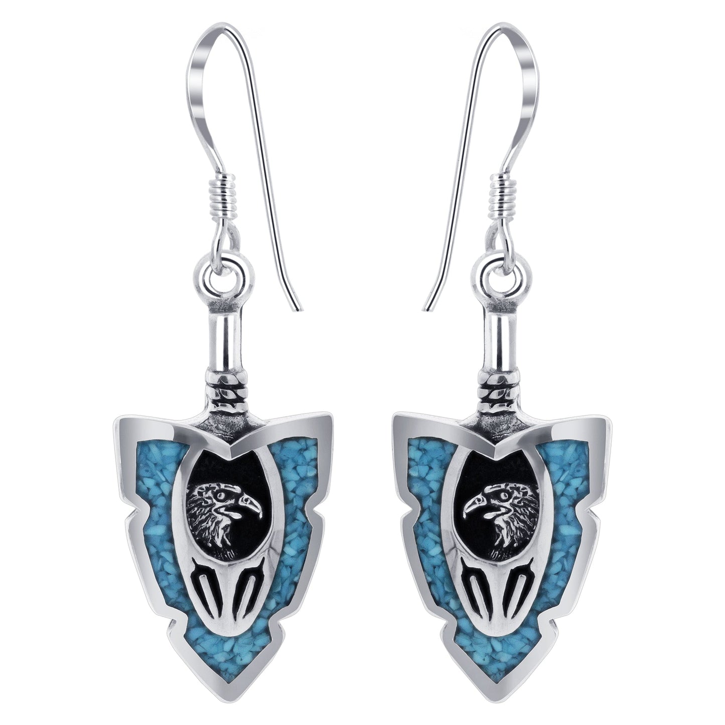 .925 Silver Hoop Shape Drop Earrings with Turquoise and Coral Inlay