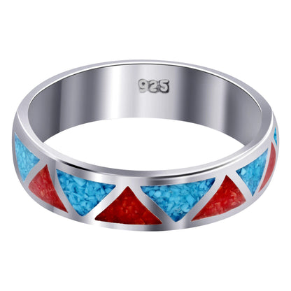 Unisex 6mm Turquoise & Coral Southwestern Style Silver Wedding Band