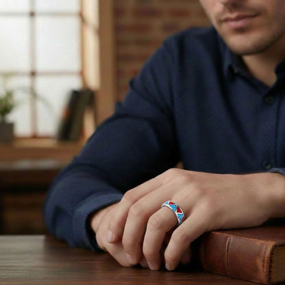 Unisex 6mm turquoise and coral silver wedding band, Southwestern style, perfect for weddings, anniversaries, daily wear, and unique artisan jewelry lovers.