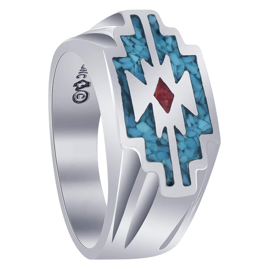 Southwestern Style Turquoise & Coral Men's Sterling Silver Ring