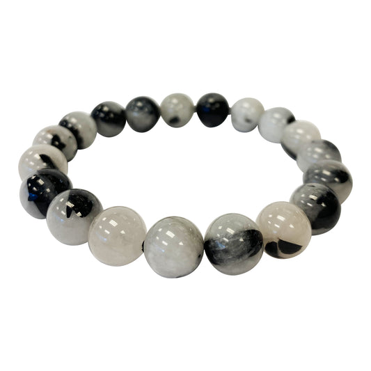 Black Rutilated Quartz Gemstone Bead Unisex Stretch Bracelet - Gem Avenue