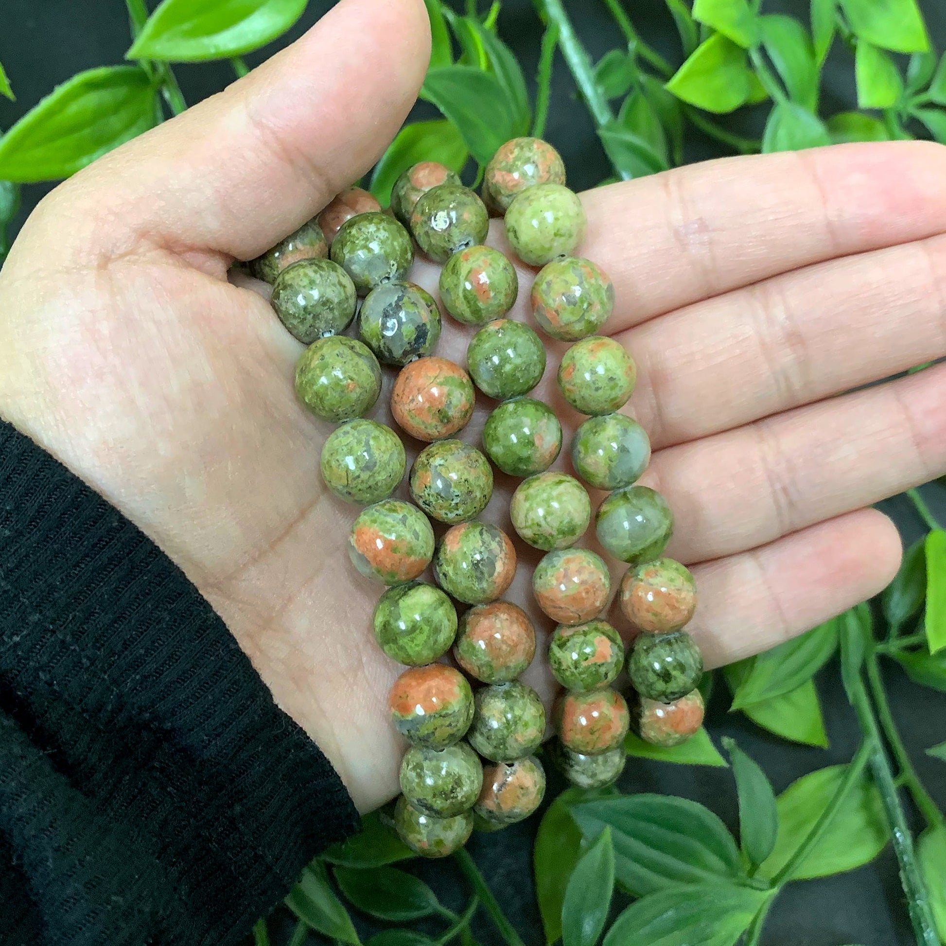 Green Unakite Gemstone Bead Unisex Handmade Stretch Bracelet - Gem Avenue