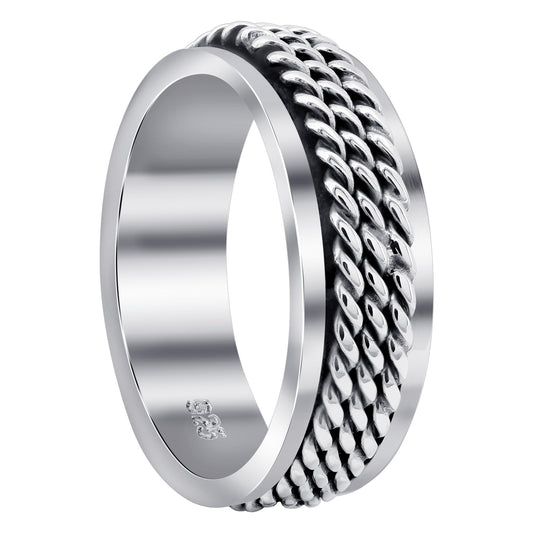 Men's Two Ropes and Spinner 925 Silver Boho Band Fidget Ring - Gem Avenue